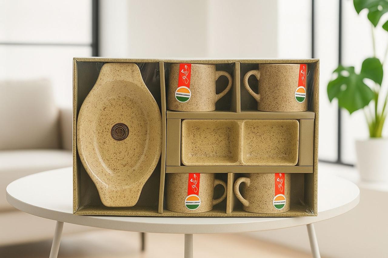 RusticStone Ceramic Mug & Snack Plate Set – 7 Pieces