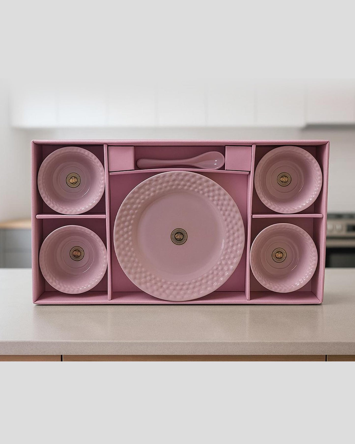 Pink Rustic Stone Ceramic Mug & Snack Plate Set – 7 Pieces