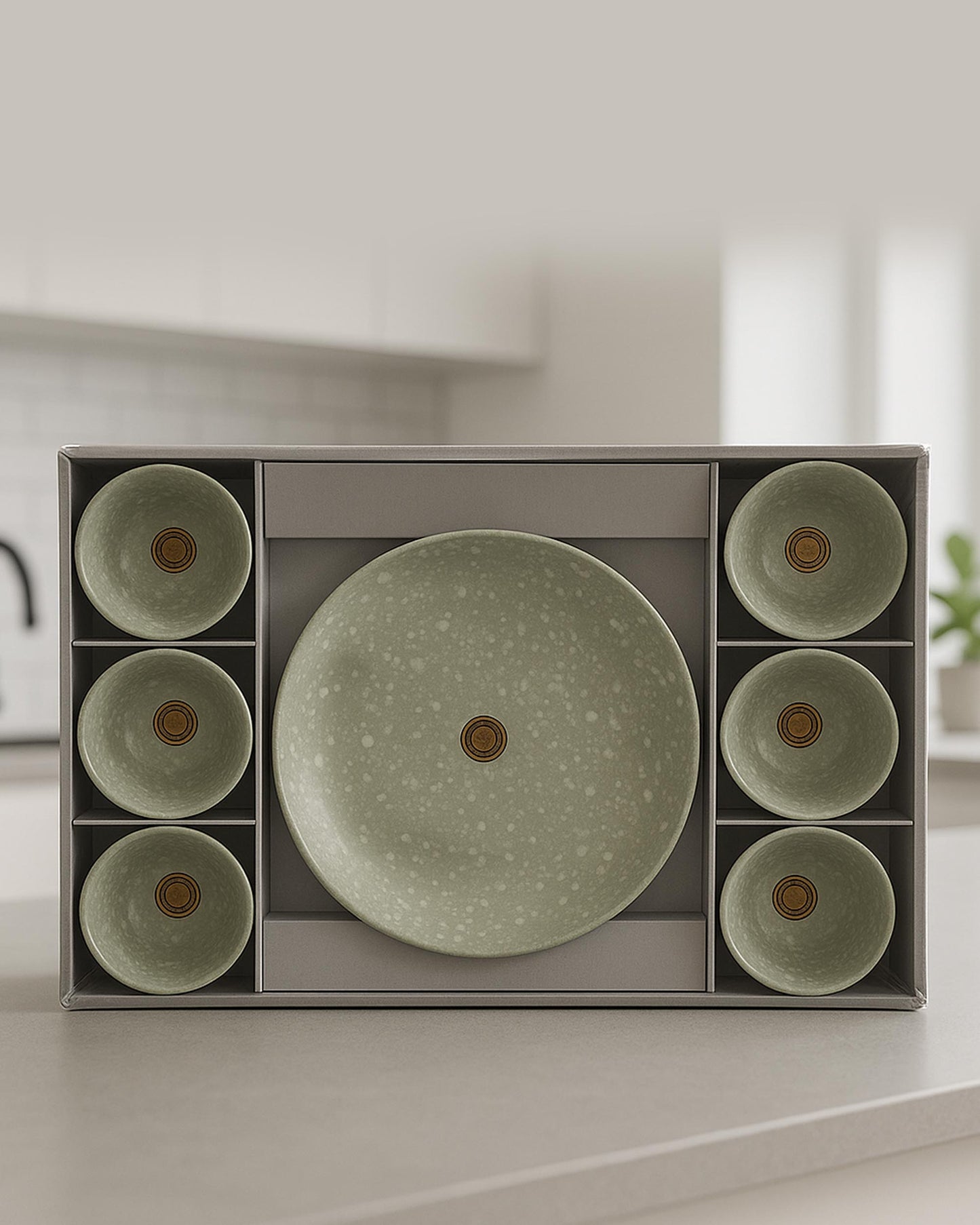 Green Rustic Stone Ceramic Mug & Snack Plate Set – 7 Pieces