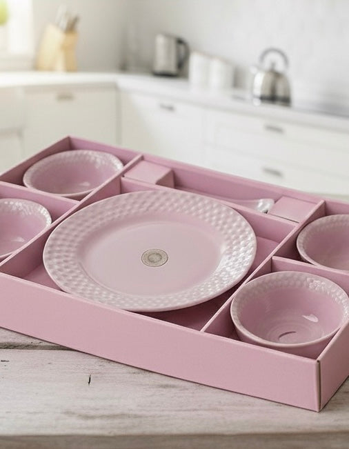 Pink Rustic Stone Ceramic Mug & Snack Plate Set – 7 Pieces