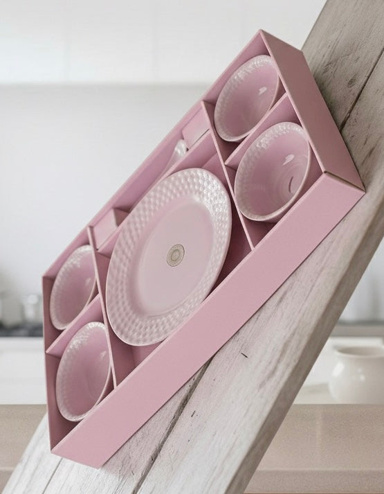 Pink Rustic Stone Ceramic Mug & Snack Plate Set – 7 Pieces