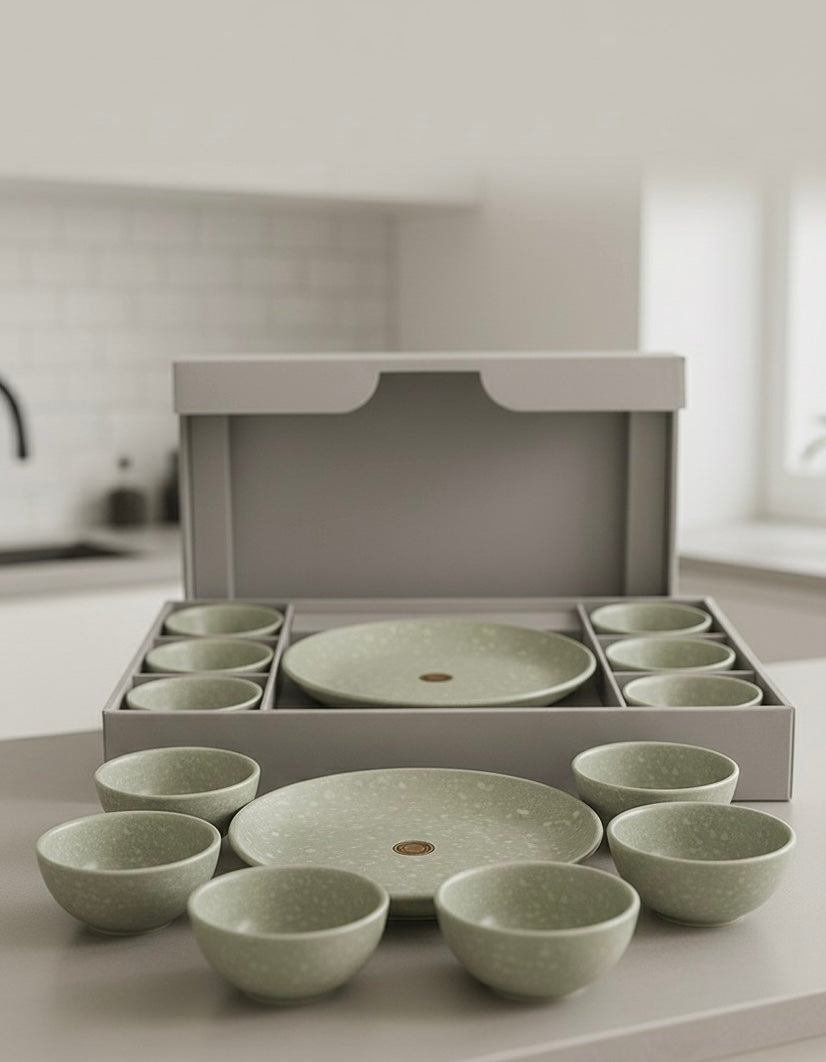 Green Rustic Stone Ceramic Mug & Snack Plate Set – 7 Pieces