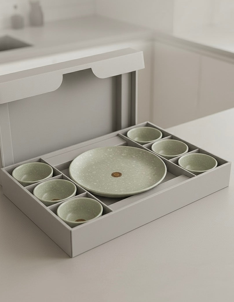 Green Rustic Stone Ceramic Mug & Snack Plate Set – 7 Pieces